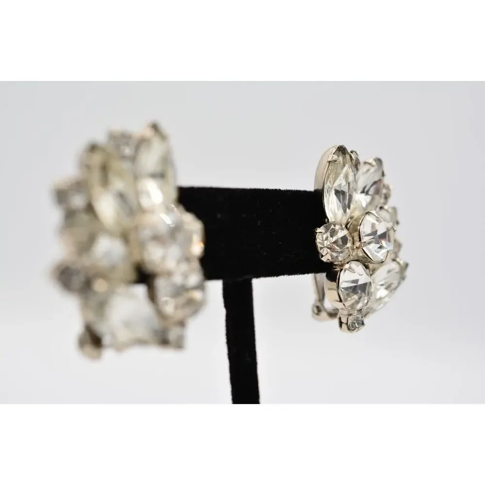 Vintage Crystal Clip Pm Earrings Shiny Rhinestone Marquise Silver 1980s BinAA
